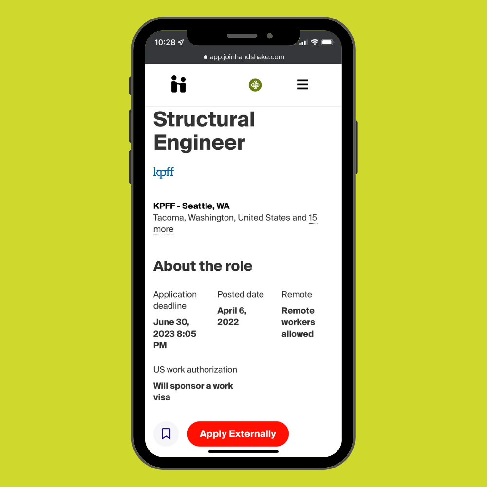 Provides example of job description on Handshake